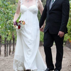 Beautiful Chiffon Wedding Dress with Venice Lace, gown Cleaned & Preserved